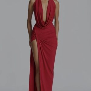 Plunging Halter Red Maxi Dress with Side Slit